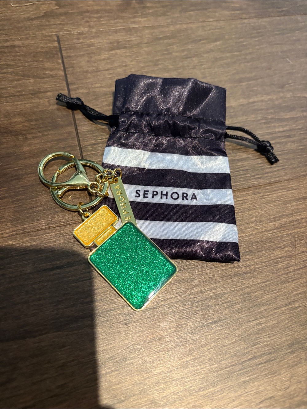 Sephora Green & Gold Glitter Perfume Bottle Keychain